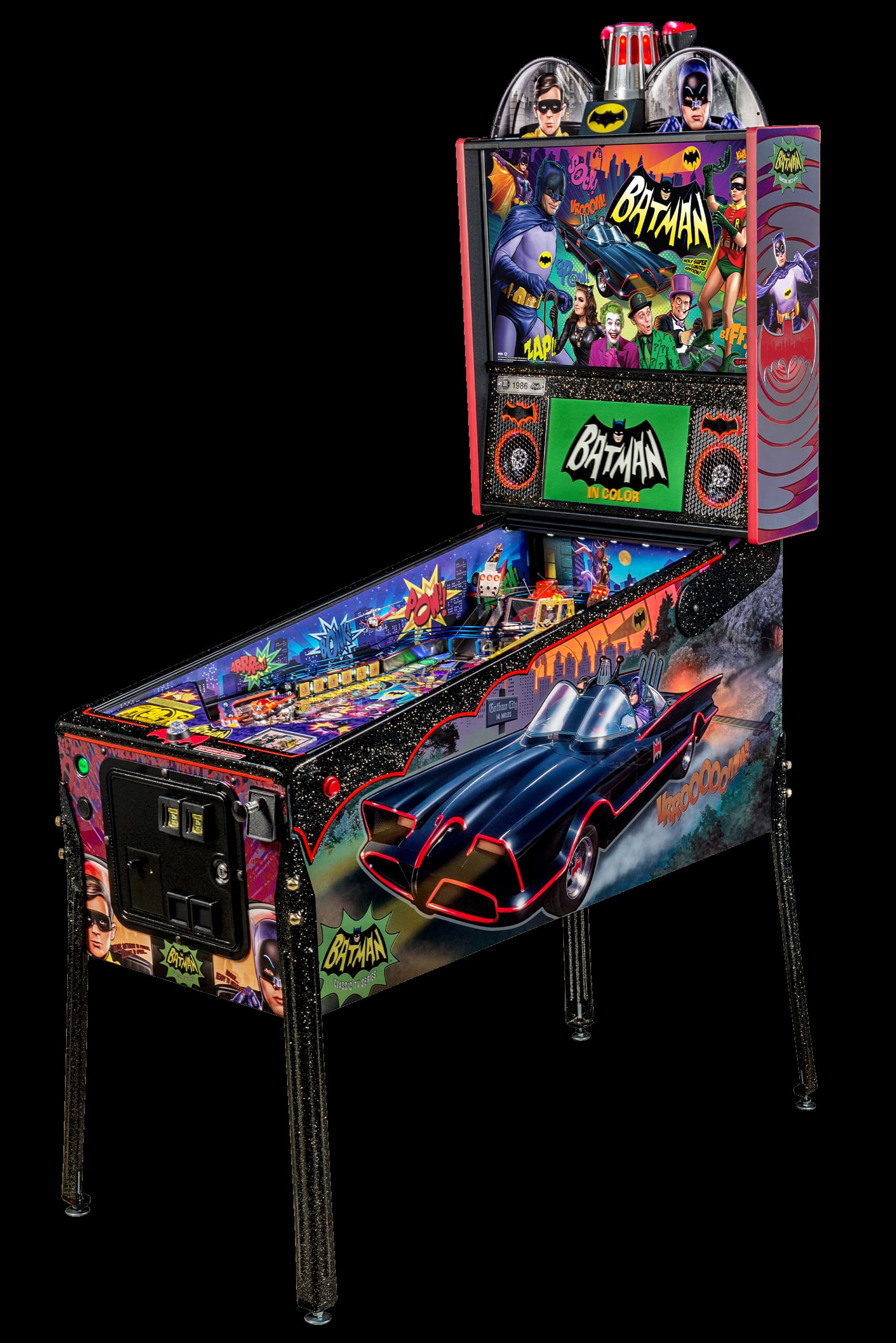 Left facing photo of the Batman ’66 pinball Machine by Stern Pinball