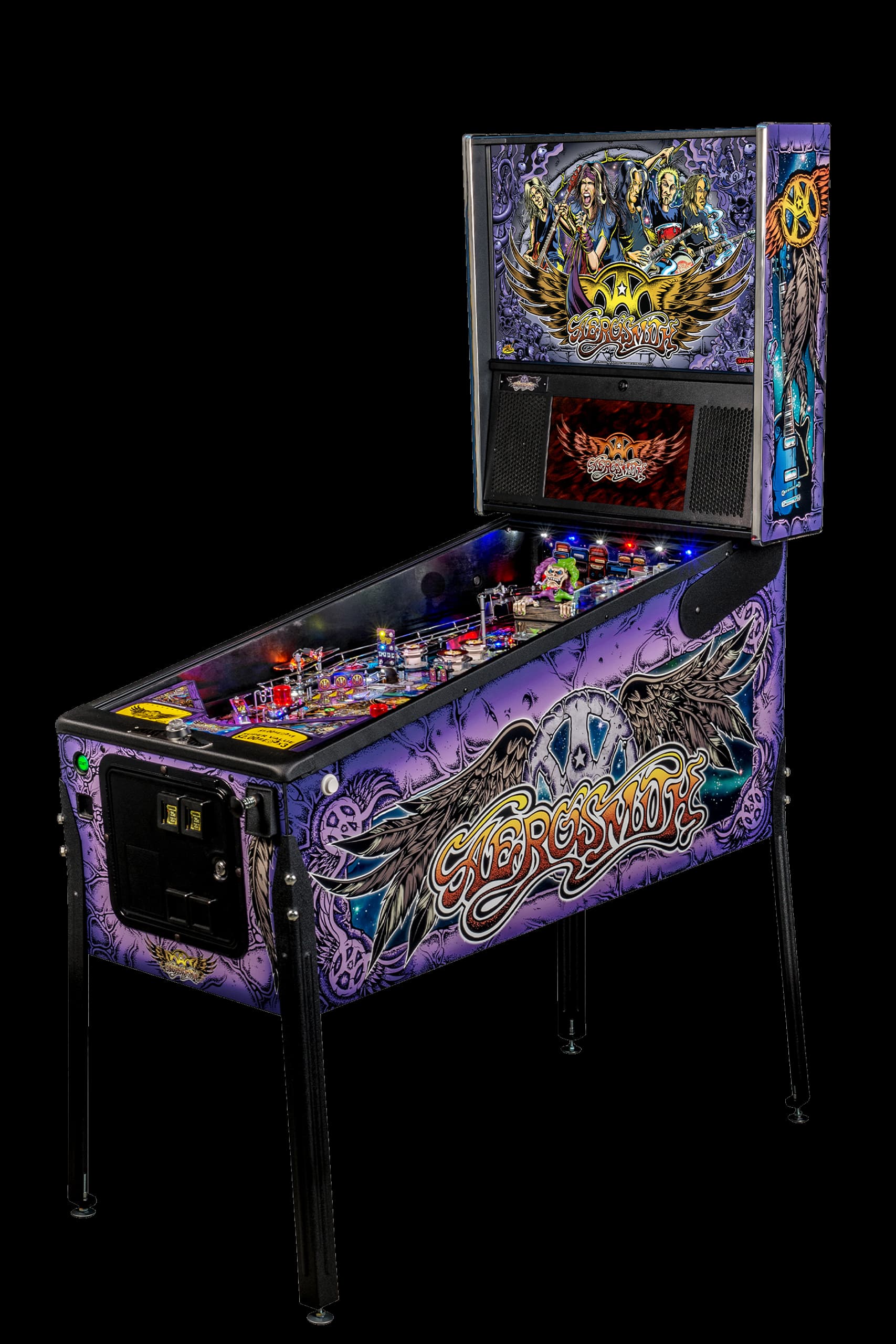 Left facing photo of the Aerosmith pinball Machine by Stern Pinball