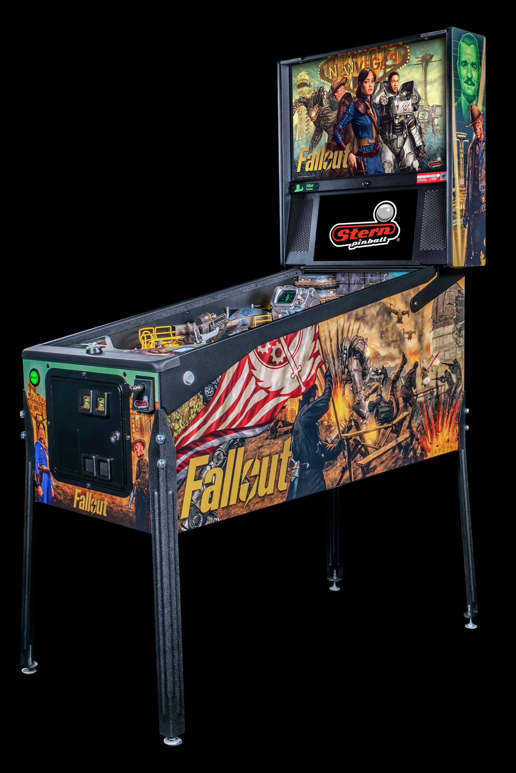 A left facing image of the Premium Model, Fallout by Stern Pinball featuring art from the TV show.