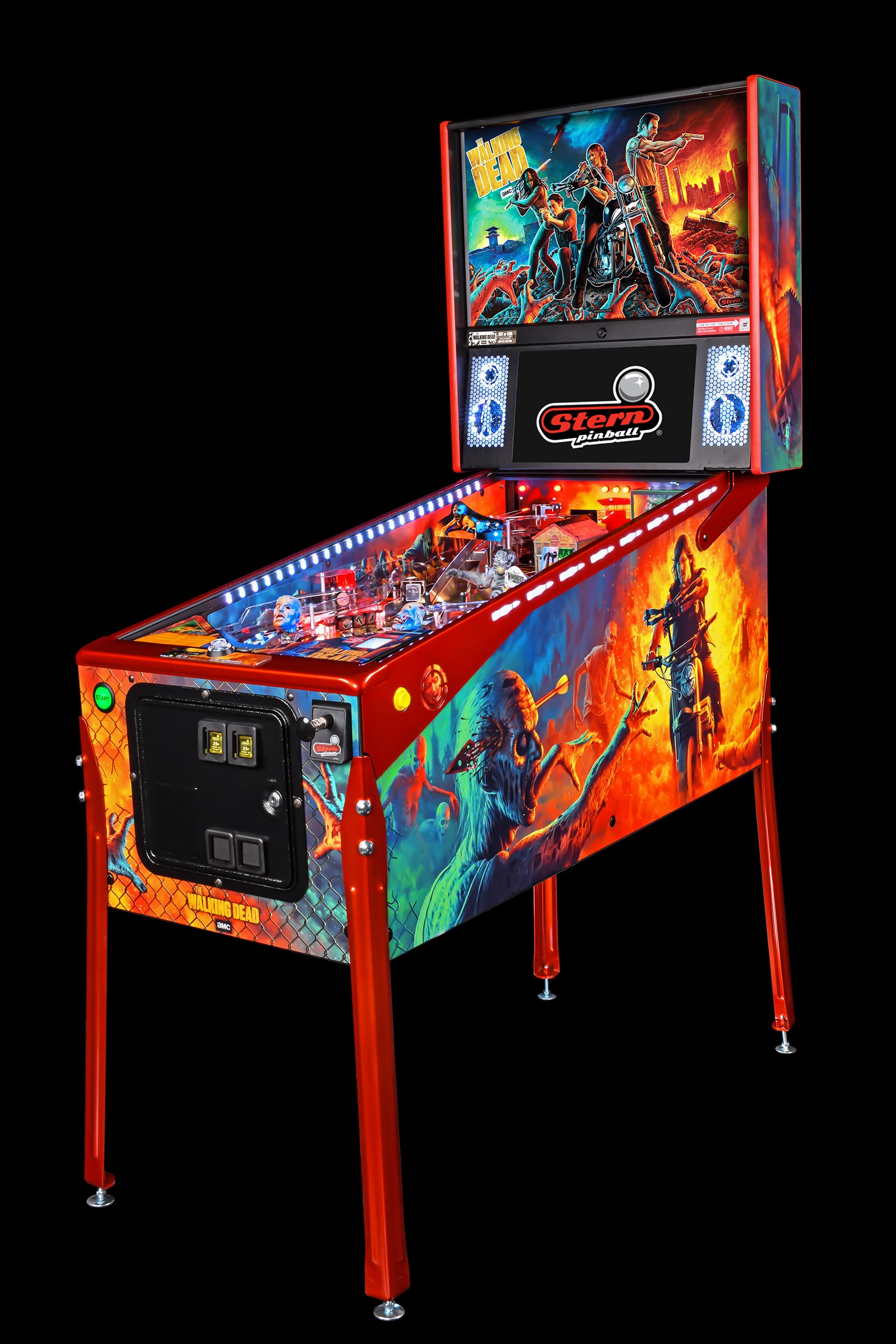 Left facing photo of the Walking Dead Remastered Pinball Machine by Stern Pinball
