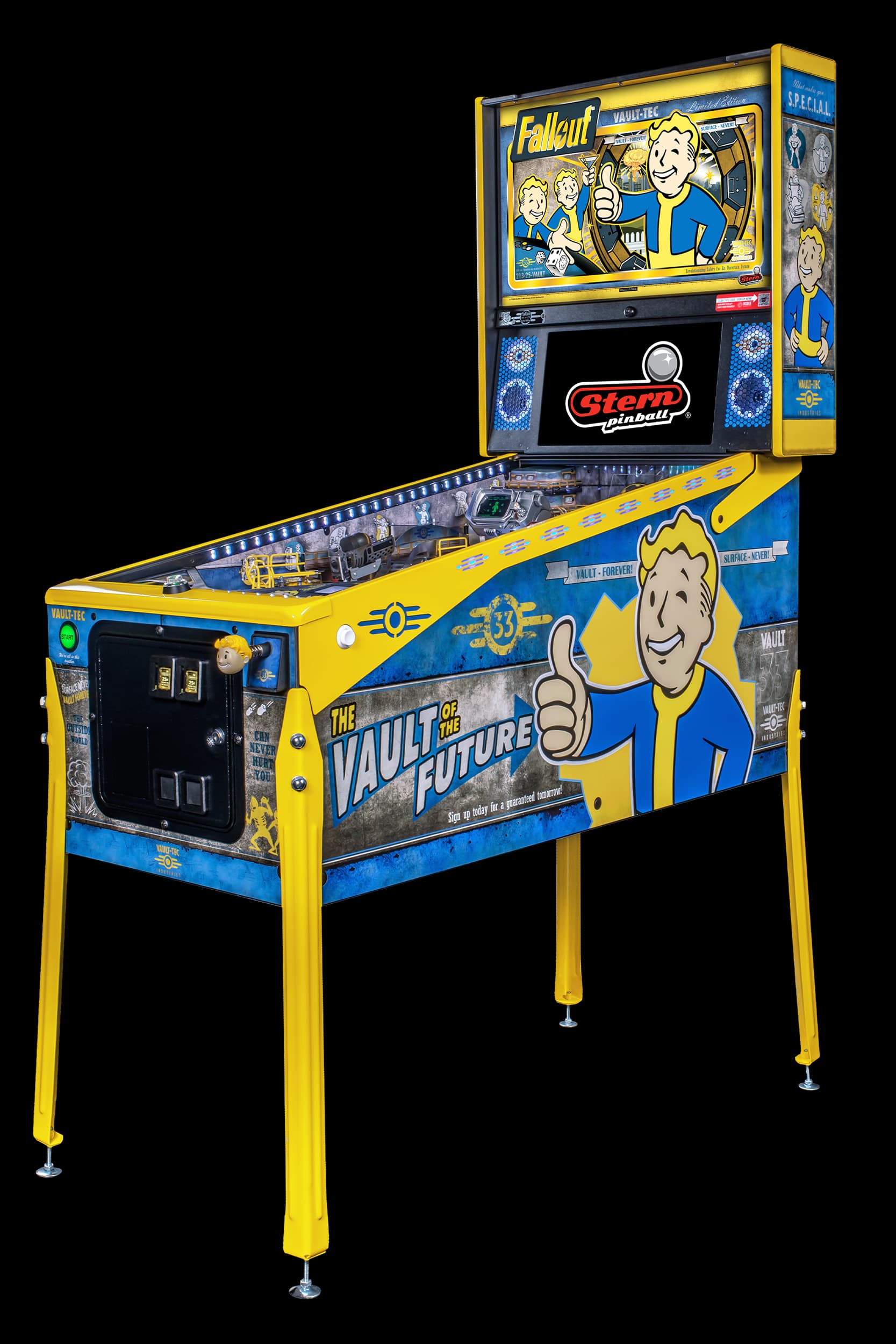 A Left facing image of the Limited Edition Model, Fallout by Stern Pinball featuring art of various Vault Boys with Yellow Trim.