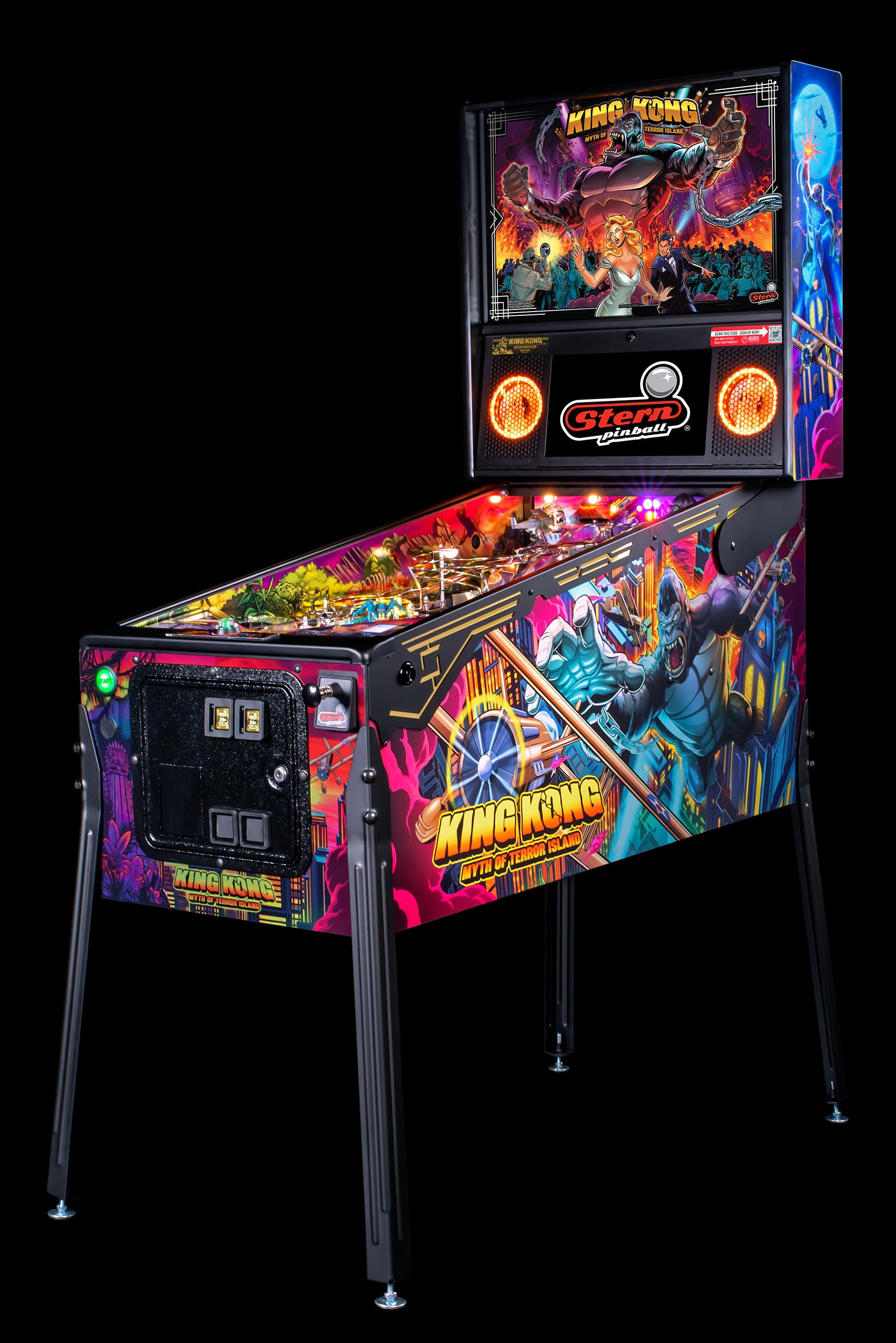 Left facing photo featuring the full game of Custom sculpted King Kong figure and New York City train car on the King Kong: Myth of Terror Island Pinball Machine by Stern Pinball