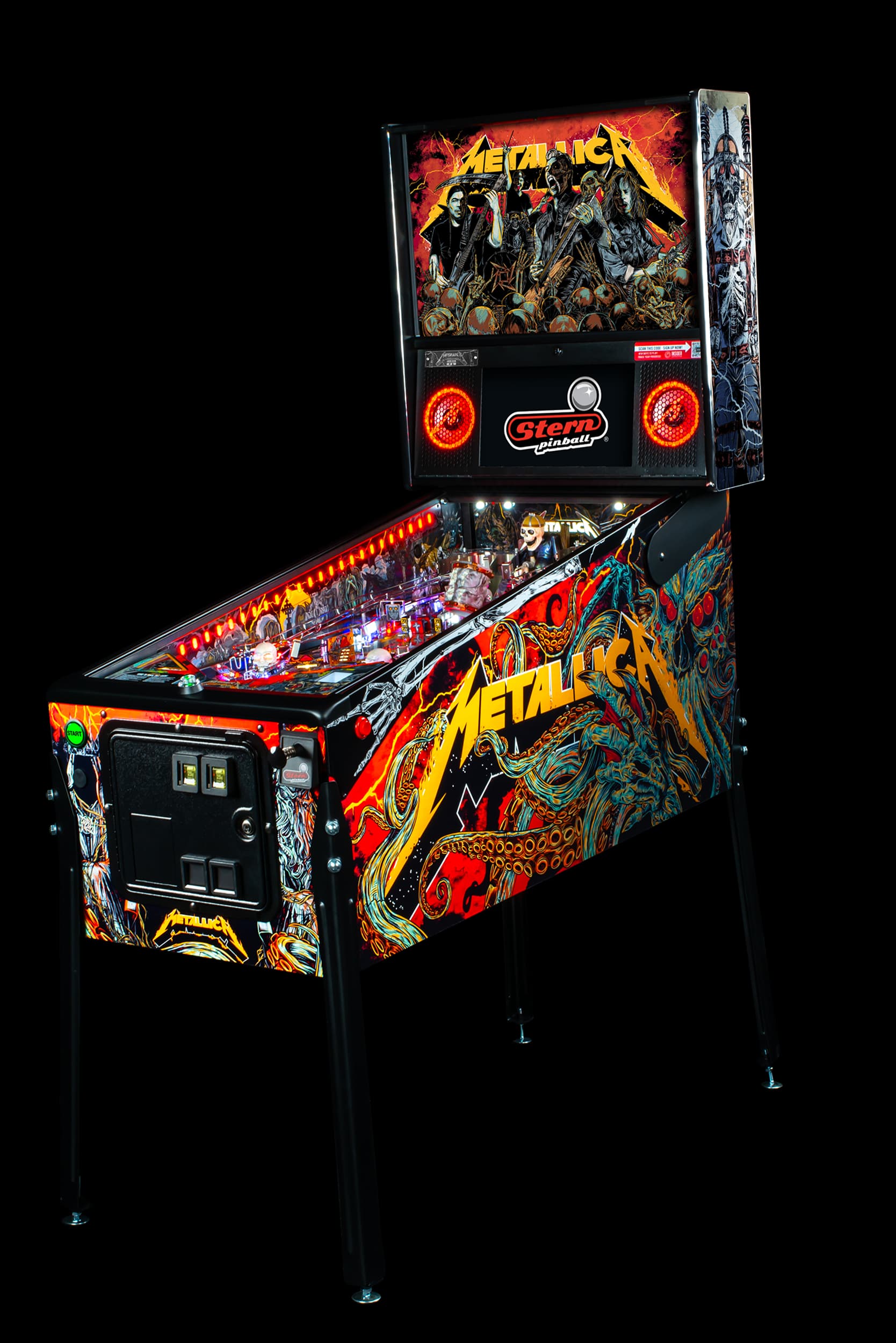 Left facing photo of the Metallica Remastered Pinball Machine by Stern Pinball