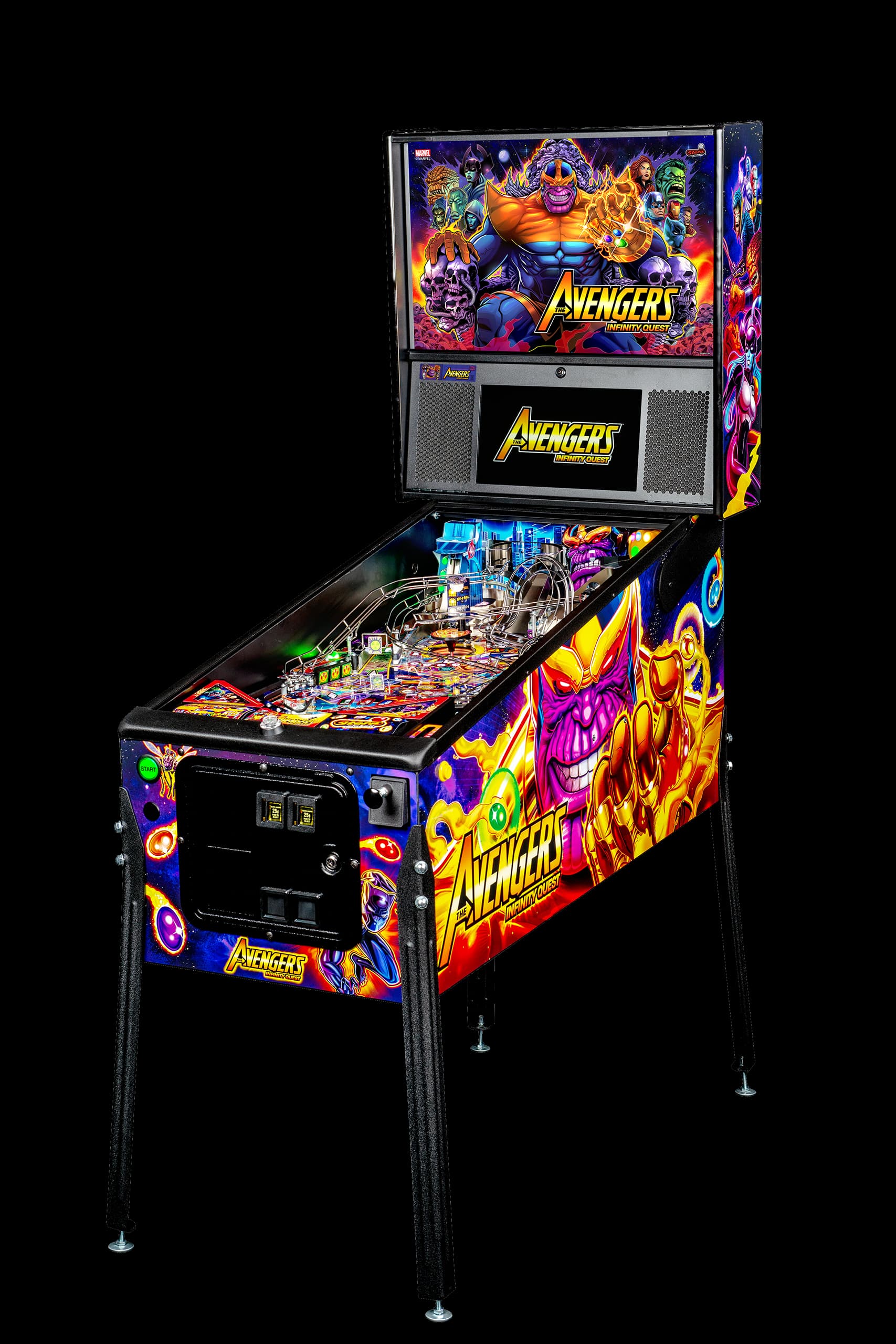 Left facing photo of the Avengers: Infinity Quest Pinball Machine by Stern Pinball