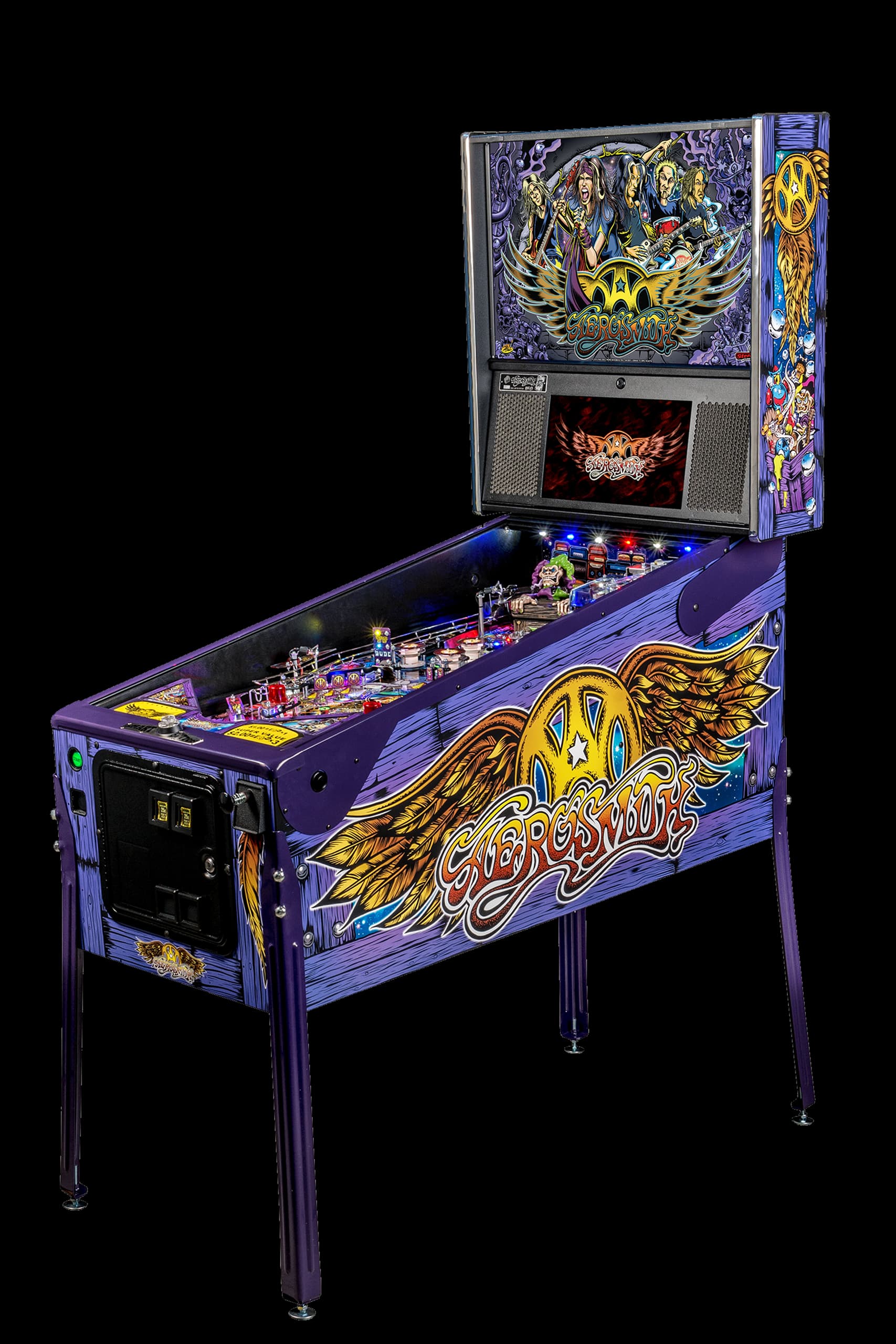 Left facing photo of the Aerosmith pinball Machine by Stern Pinball