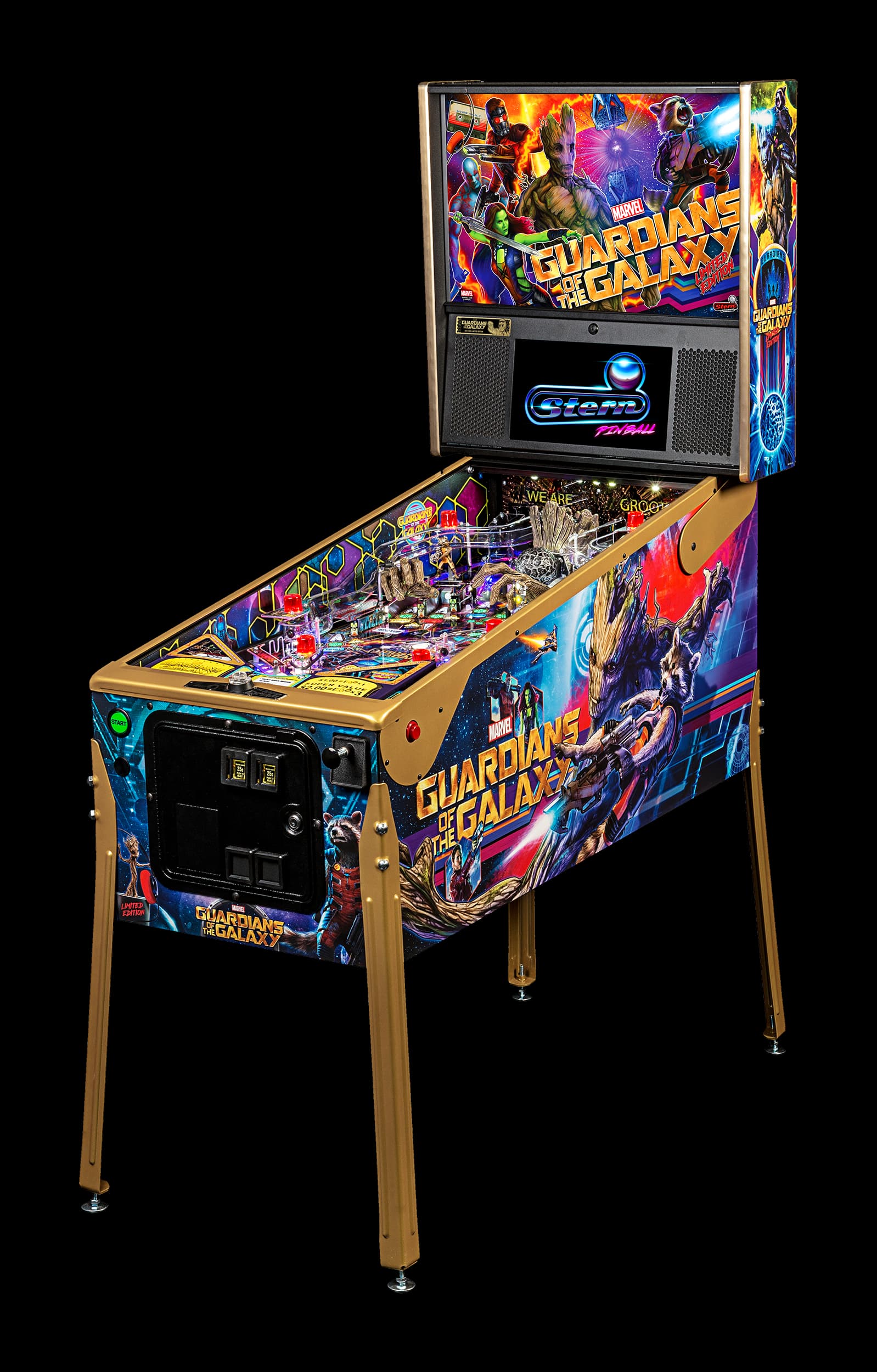 Left facing photo of the Guardians of the Galaxy pinball Machine by Stern Pinball