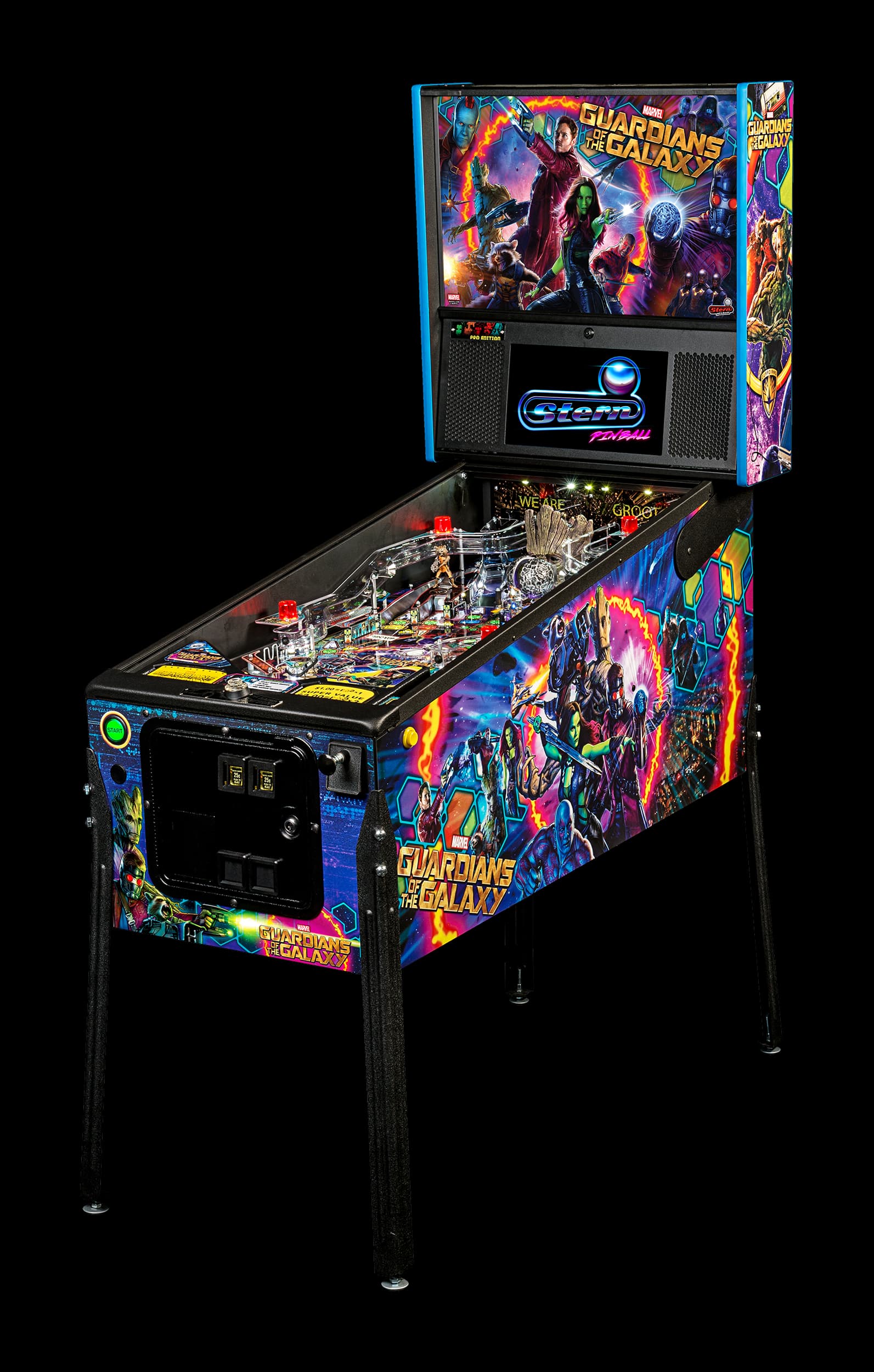 Left facing photo of the Guardians of the Galaxy pinball Machine by Stern Pinball