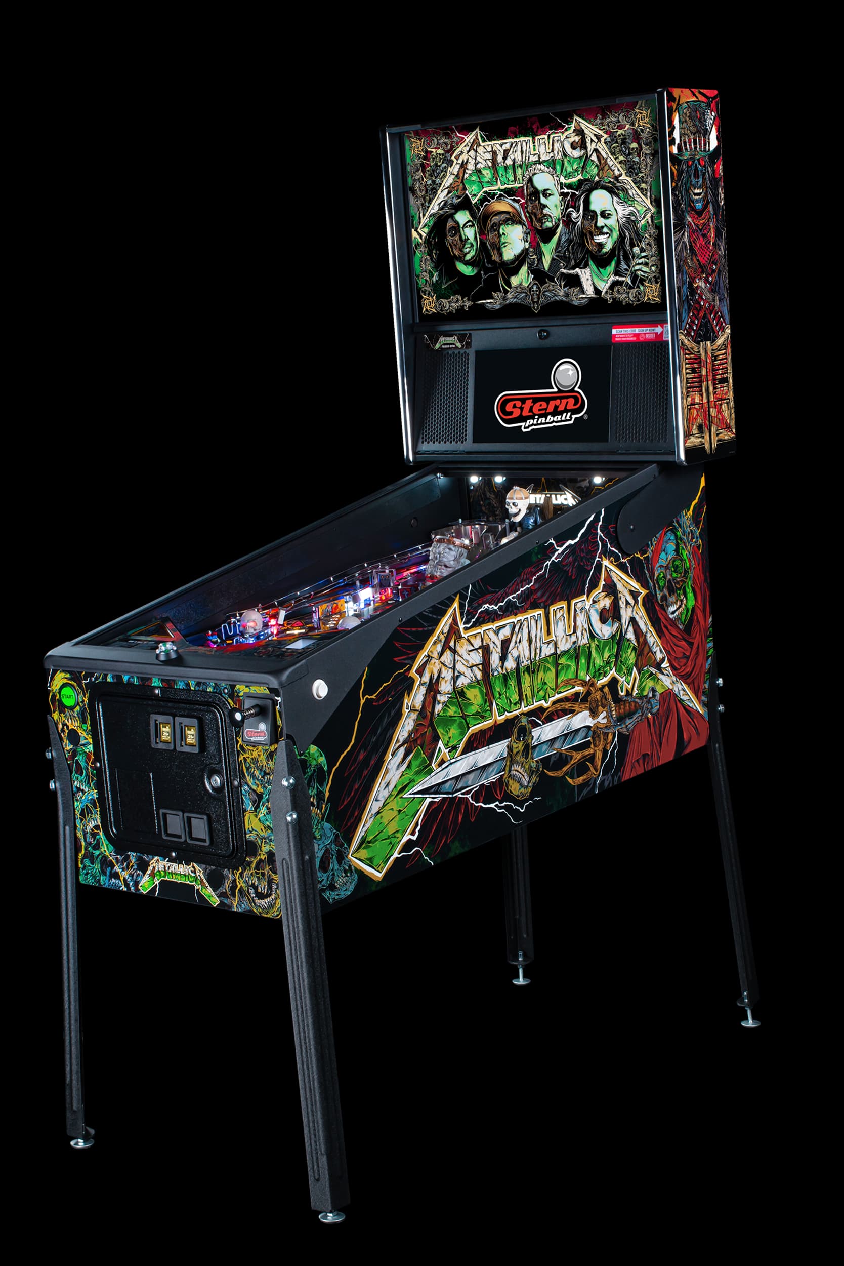 Metallica Premium pinball cabinet facing left.