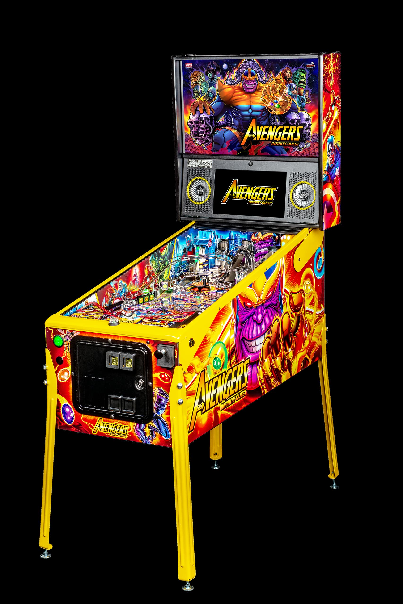 Left facing photo of the Avengers: Infinity Quest Pinball Machine by Stern Pinball