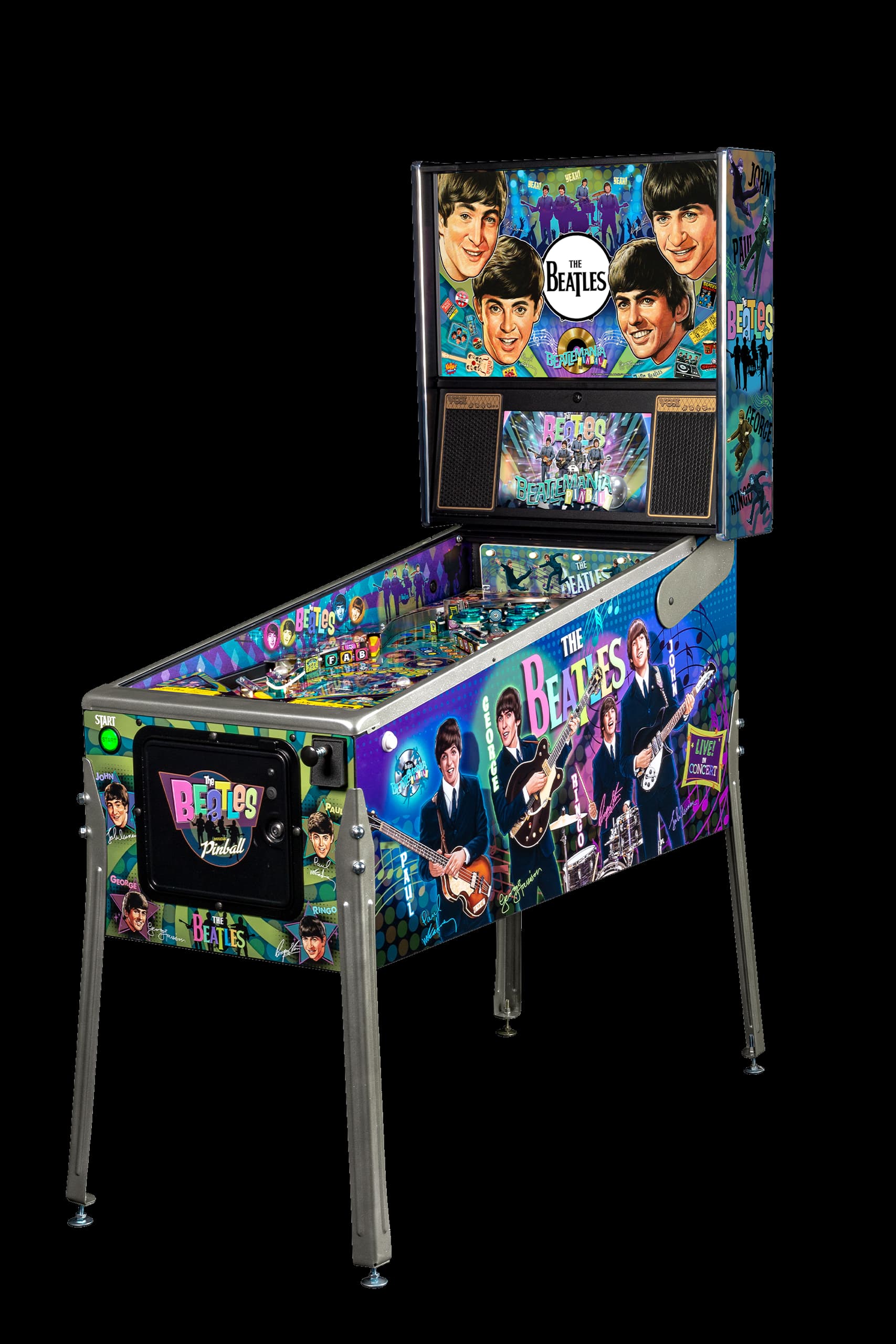 Left facing photo of The Beatles pinball Machine by Stern Pinball