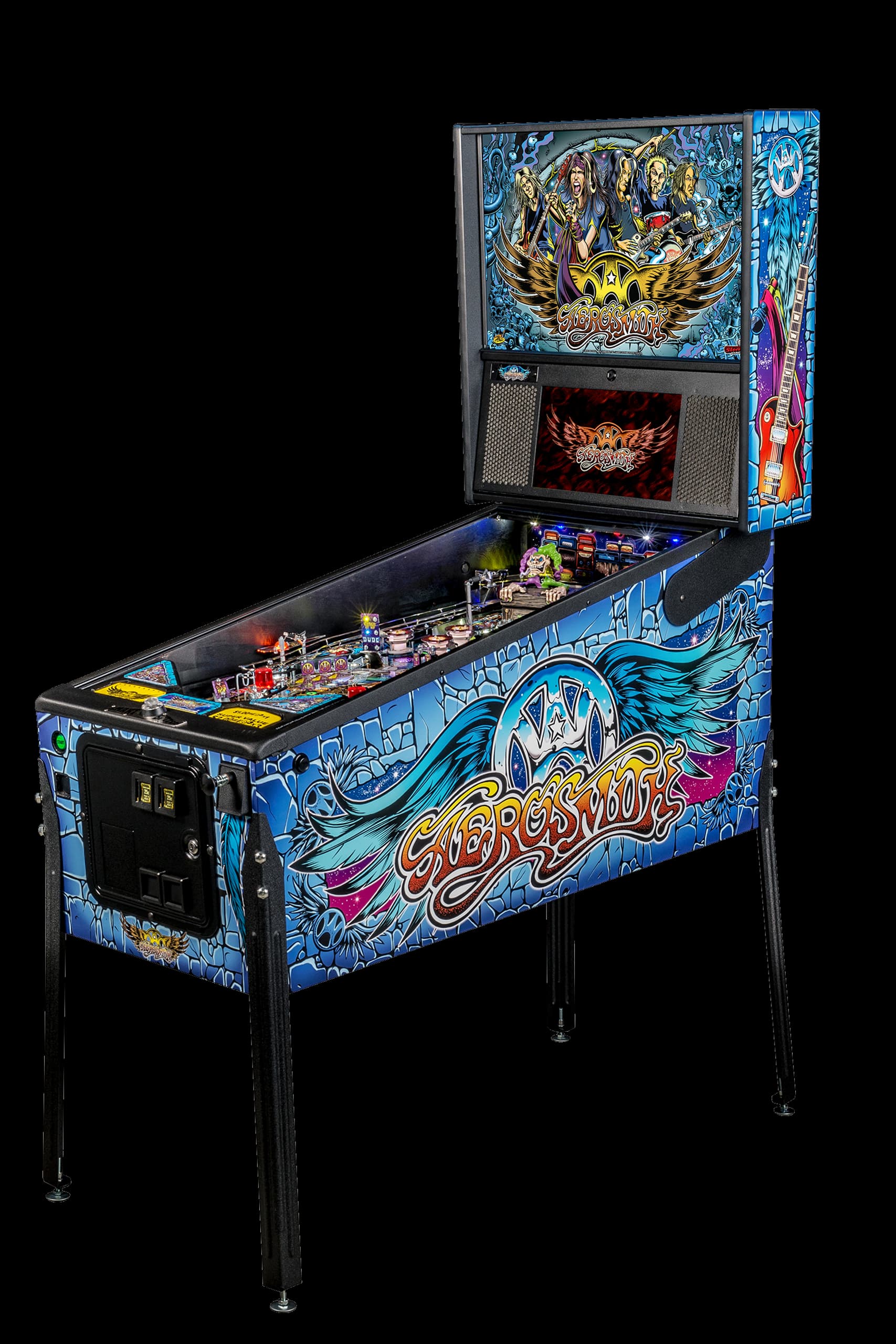 Left facing photo of the Aerosmith pinball Machine by Stern Pinball