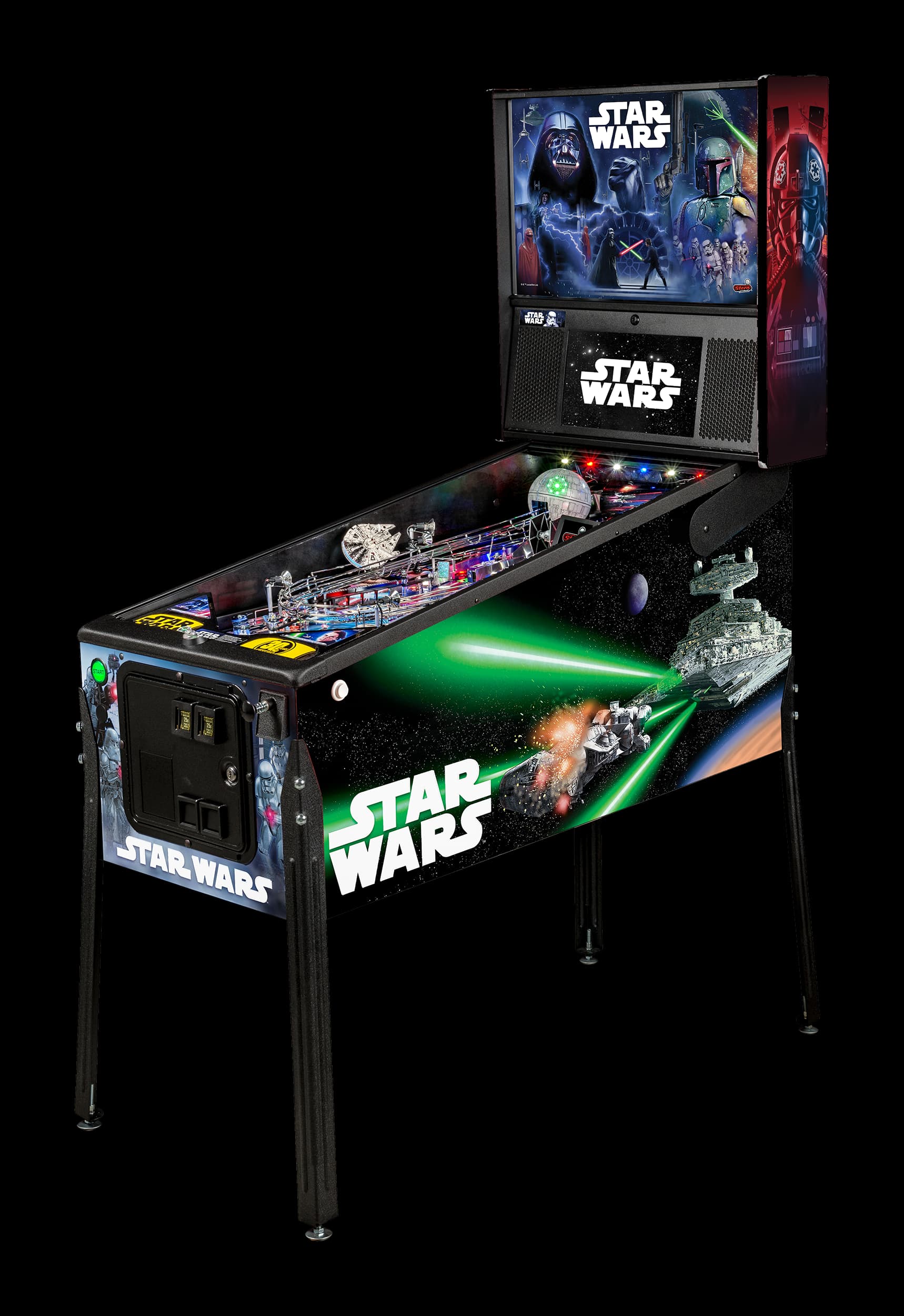Left facing photo of the Star Wars pinball Machine by Stern Pinball