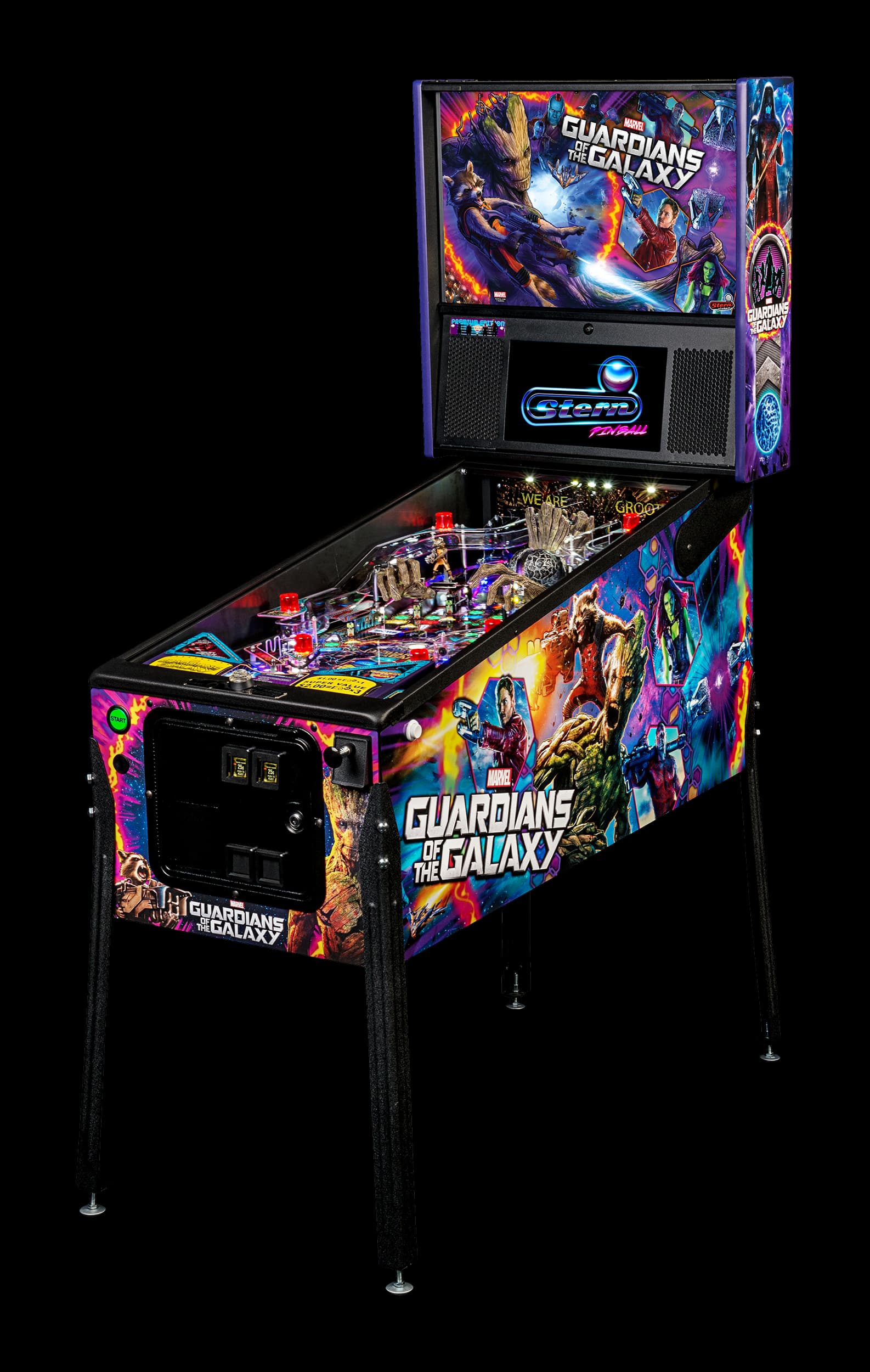 Left facing photo of the Guardians of the Galaxy pinball Machine by Stern Pinball