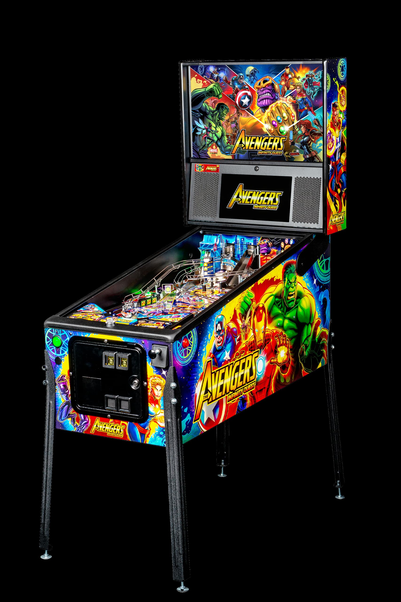 Left facing photo of the Avengers: Infinity Quest Pinball Machine by Stern Pinball