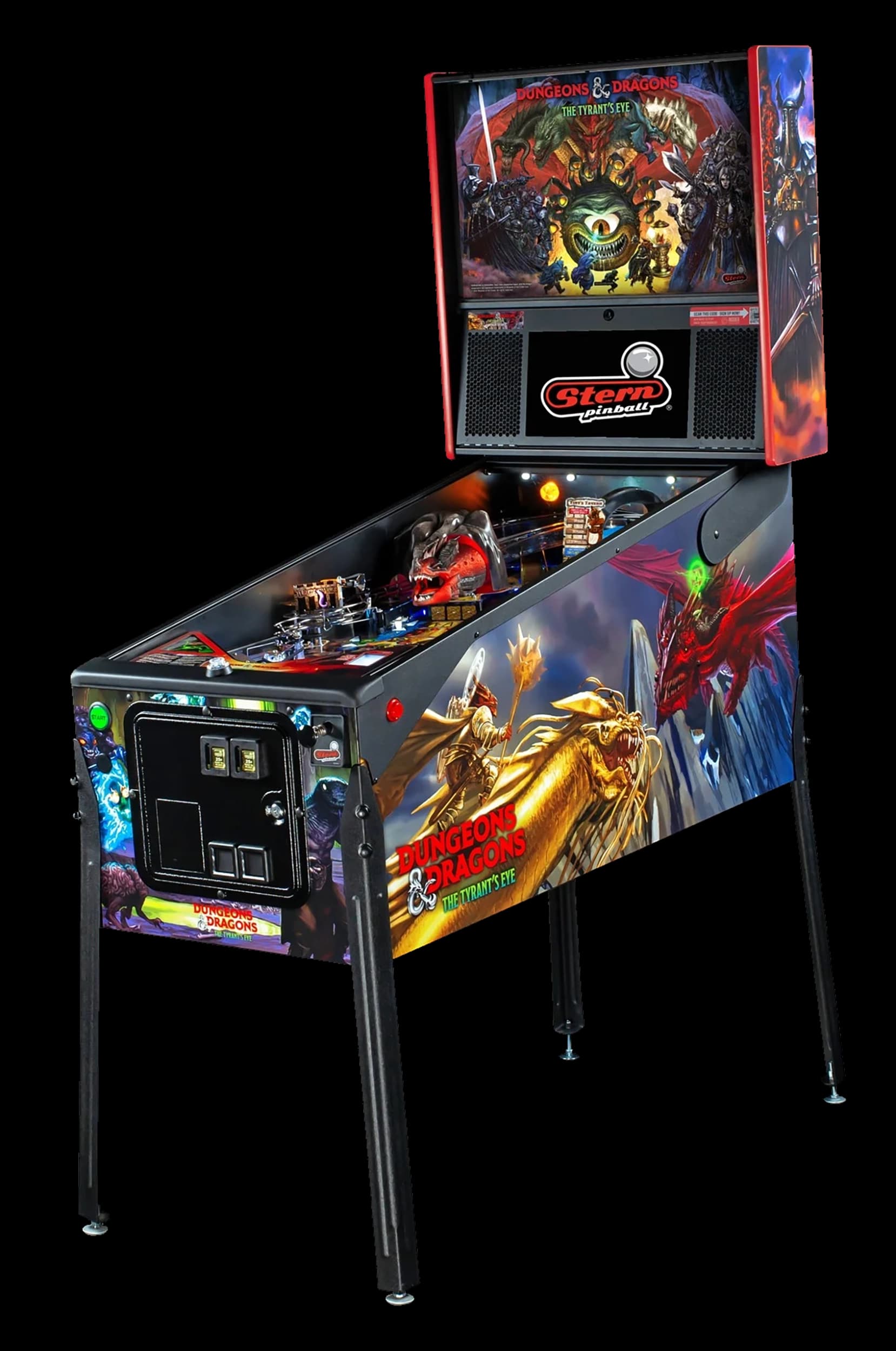 Left facing cabinet photo of An animatronic Dragon that moves and reacts to gameplay on the DUNGEONS & DRAGONS: The Tyrant’s Eye Pinball Machine by Stern Pinball