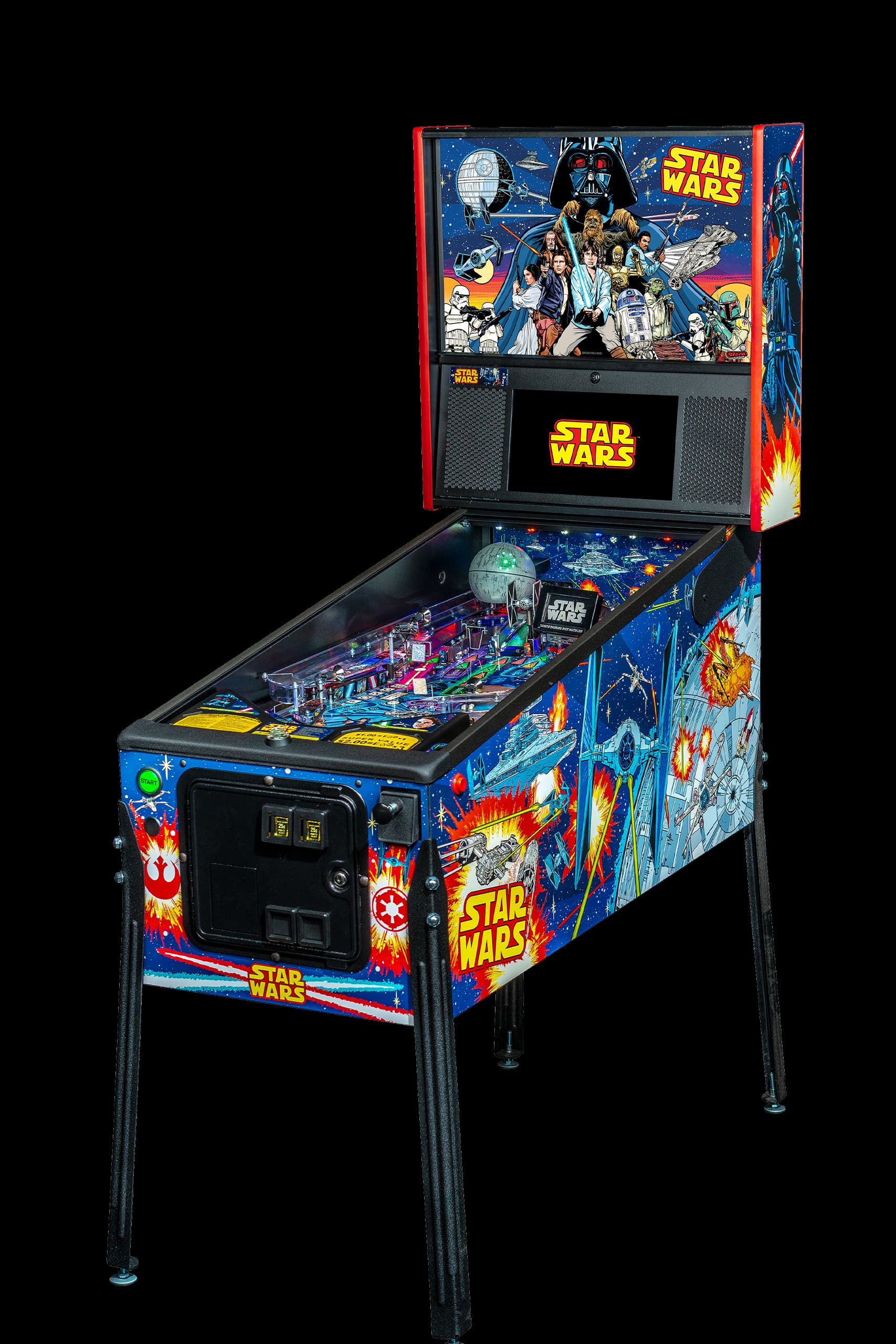 Left facing photo of the Star Wars Comic Art Pinball Machine by Stern Pinball