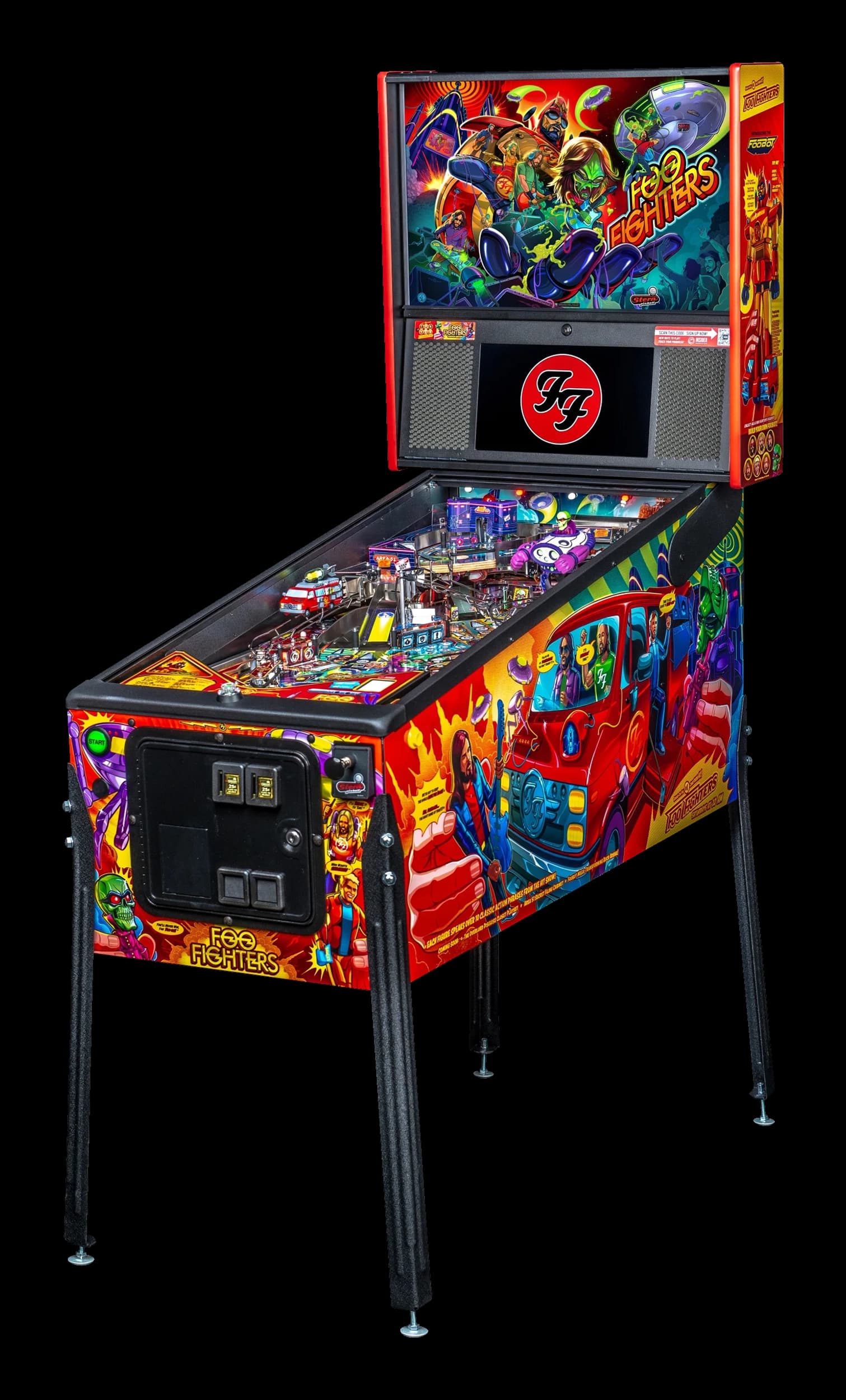 Left facing photo of the Foo Fighters Pinball Machine by Stern Pinball