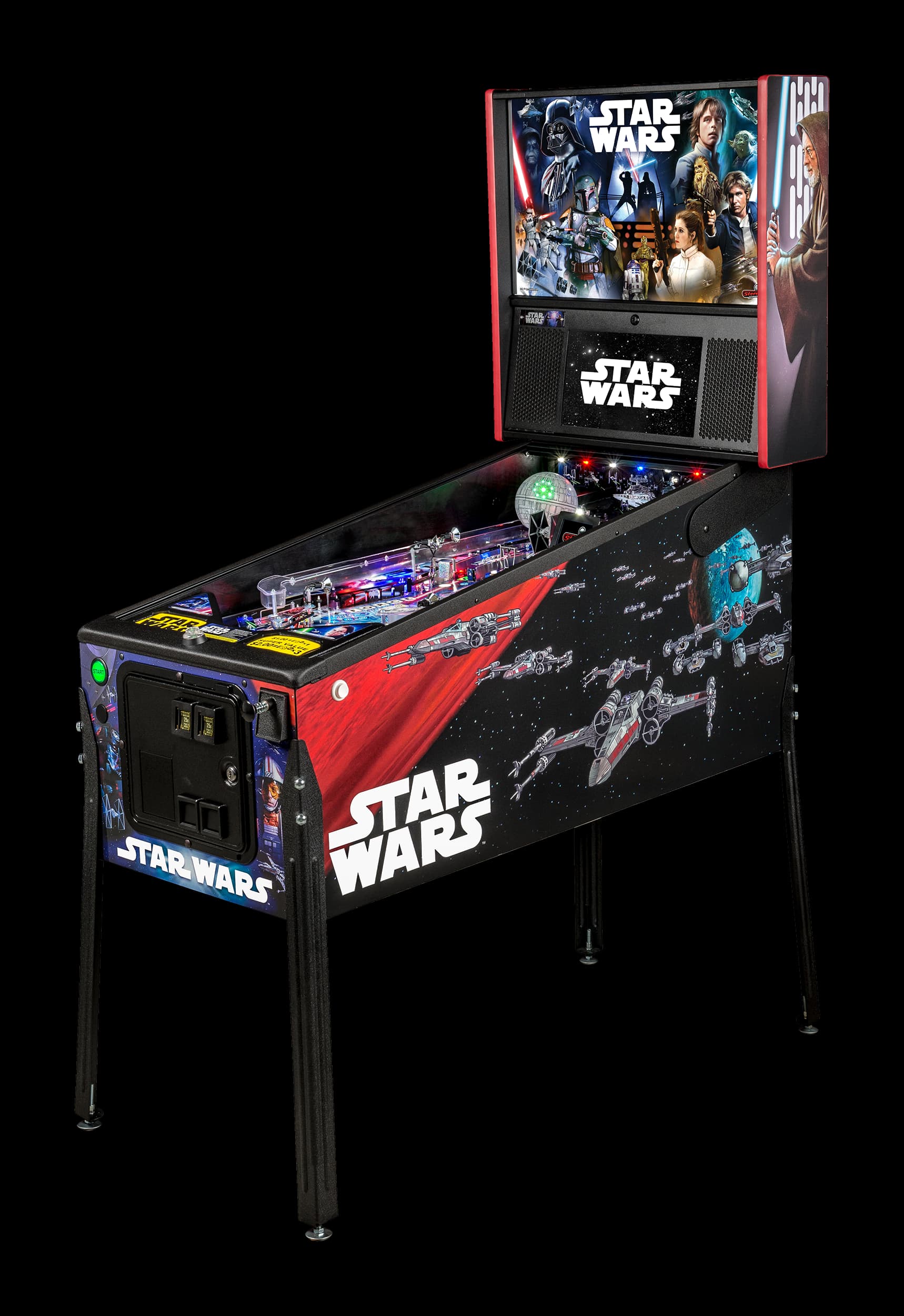 Left facing photo of the Star Wars pinball Machine by Stern Pinball