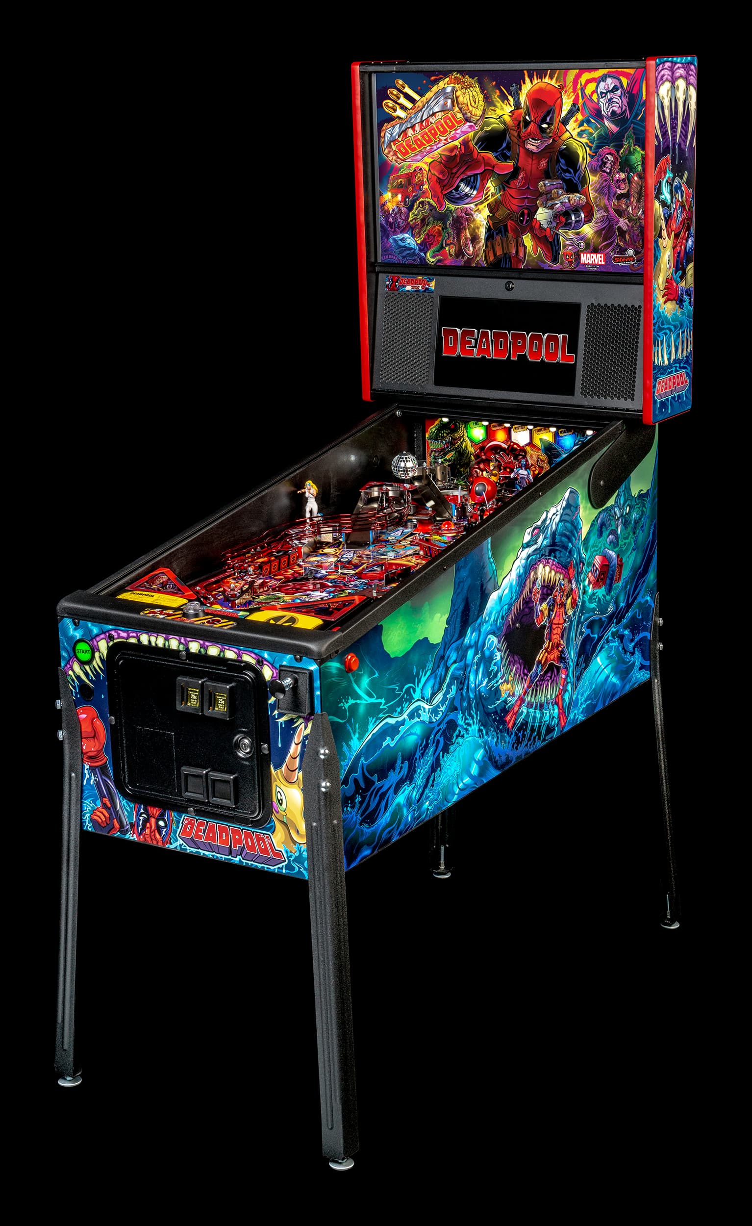 Left facing photo of the Deadpool pinball Machine by Stern Pinball