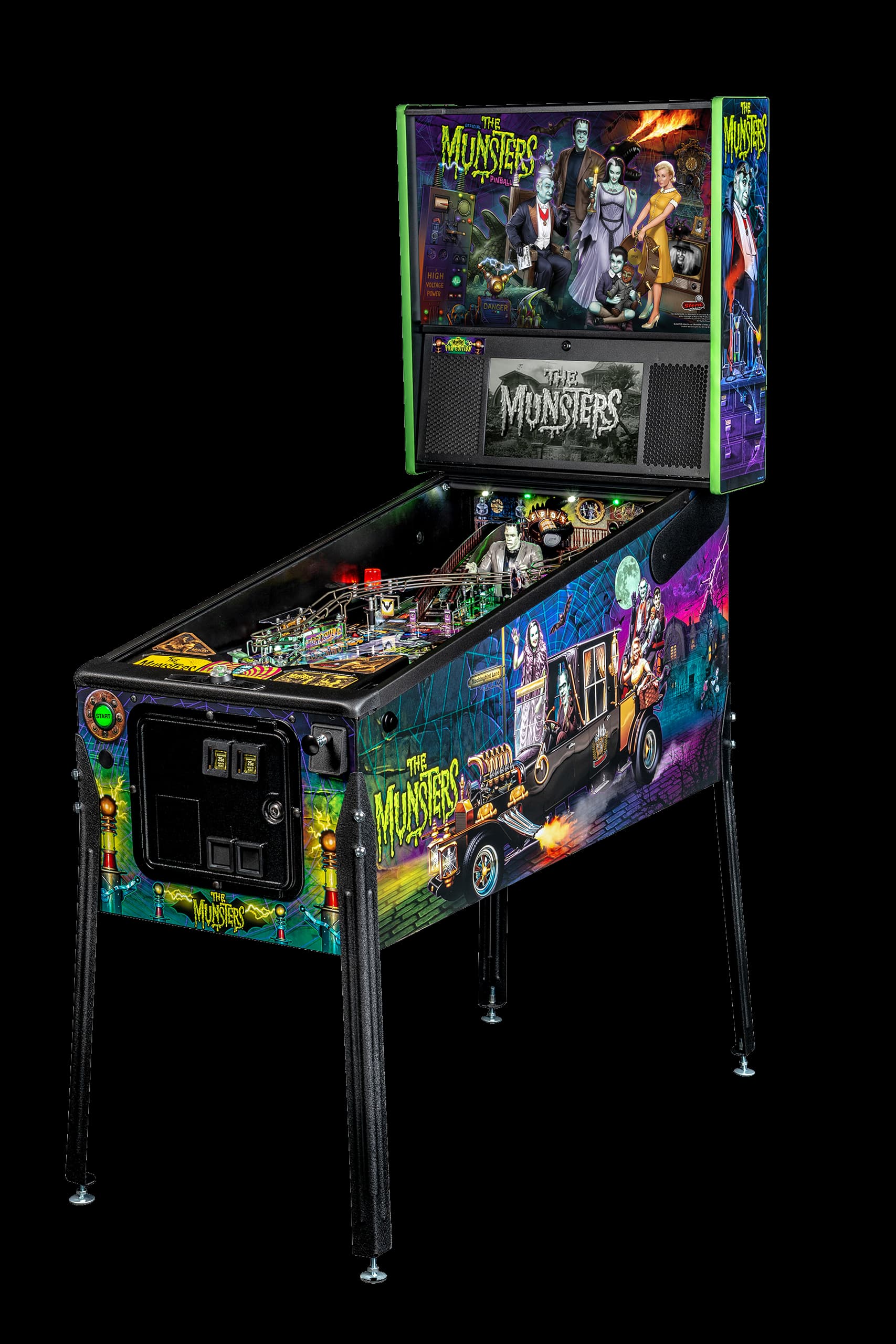 Left facing photo of The Munsters pinball Machine by Stern Pinball
