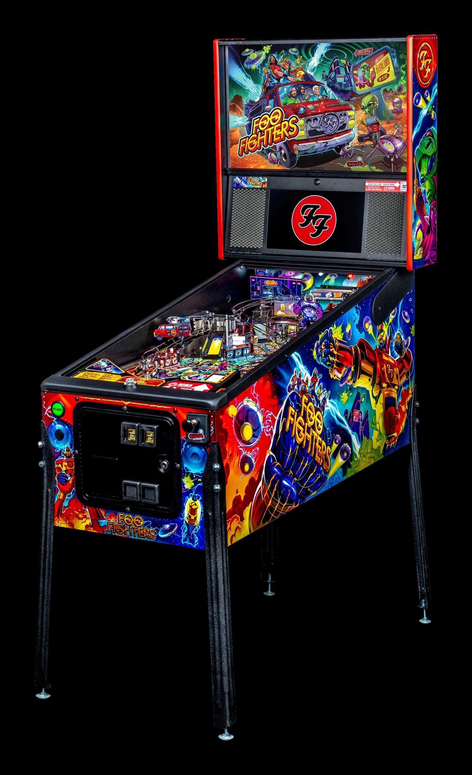 Left facing photo of the Foo Fighters Pinball Machine by Stern Pinball