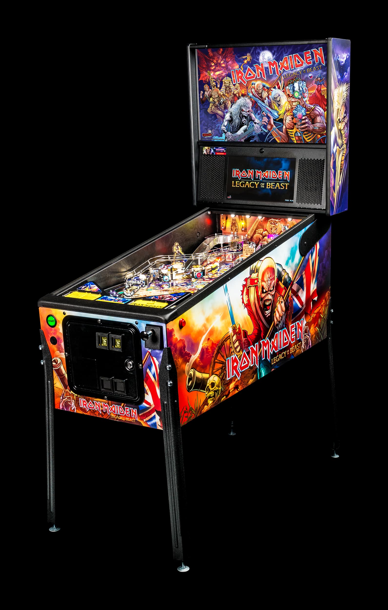Left facing photo of the Iron Maiden pinball Machine by Stern Pinball