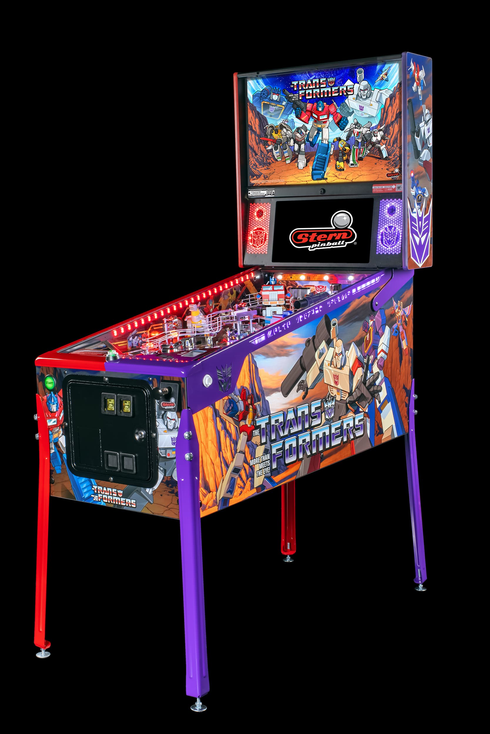 Left Facing cabinet with two tone powder coated legs and side armor on the new Transformers Pinball Machine by Stern Pinball