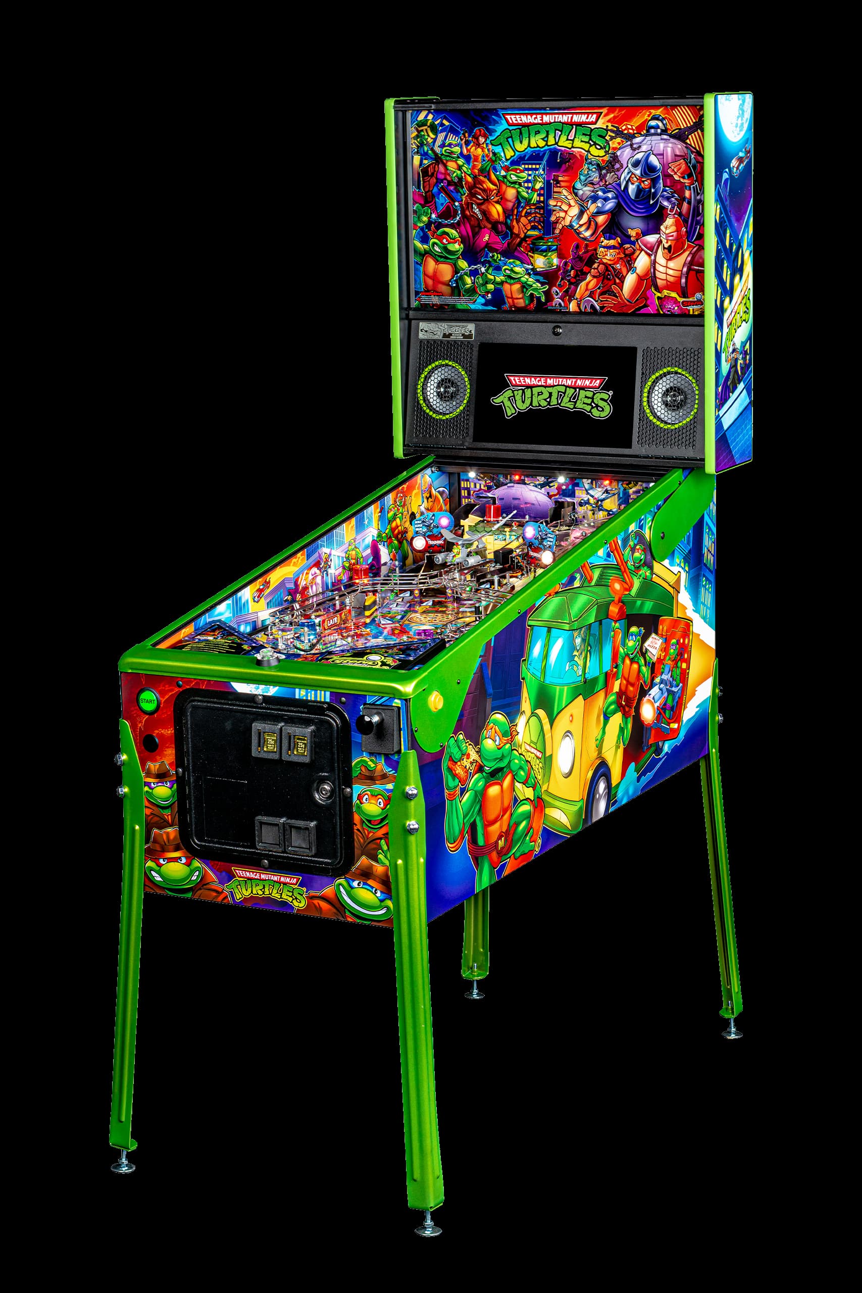 Left facing photo of The Turtles Glider above the playfield with wireform ramps in the foreground on the Teenage Mutant Ninja Turtles Pinball Machine by Stern Pinball